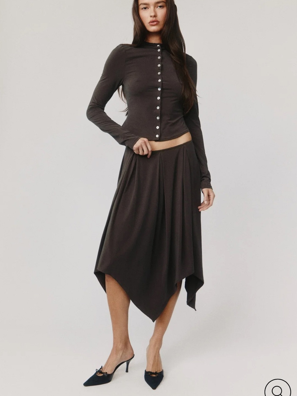 With Jean Asymmetrical Midi Skirt in Dark Brown